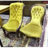 A Victorian mahogany low salon chair with buttoned back and serpentine seat, on carved and turned