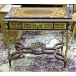 A rectangular centre table with marquetry and kingwood pattern top, above a frieze drawer, on gilt