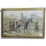 An unsigned watercolour on fabric depicting an Asian female figure mounted on horseback, hawking,