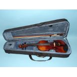 A modern full-size violin Stradivarius copy, with single-piece back and bow, in case.