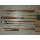 A Hardy Bros three-piece 9' split-cane fly rod, a Walker Bamford 9' three-piece fly rod, an R