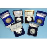 A collection of six silver medallions, comprising Royal Mint HM Queen Elizabeth The Queen Mother