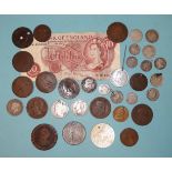 A George IV 1827 shilling, an 1829 shilling, (holed), other silver coins, (a/f), a 1797 cartwheel