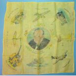 A WWII lawn handkerchief with Mr Winston Churchill to centre, surrounded by representations of the