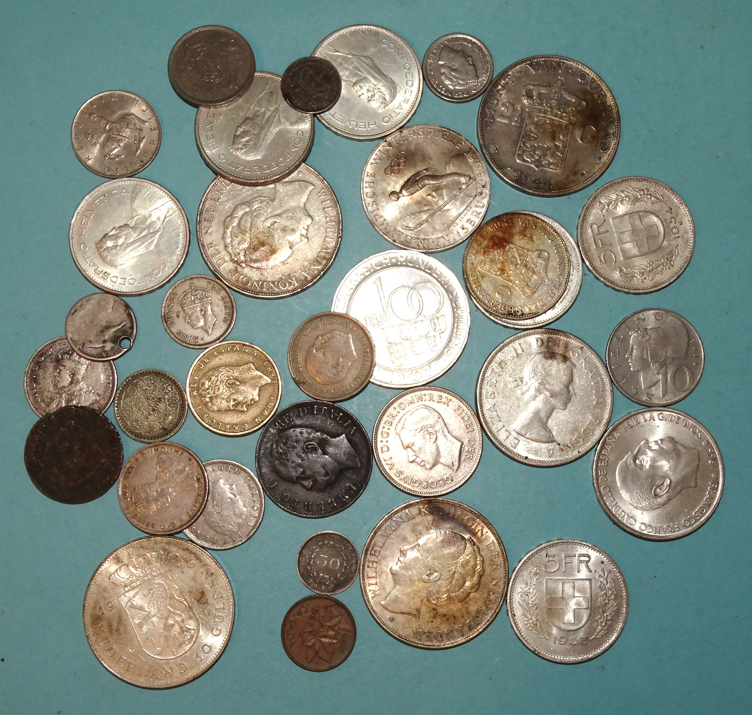 Netherlands 2½-gulden 1929, 1939, 1944, 1-gulden 1924, Switzerland 5-francs 1953, 1954, 1965,