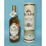 Scapa Orkney single malt whisky, 10 years old, 48% volume, one litre, in tube, (foil and labels