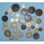 A William III 1697 shilling (worn), a small collection of pre-1947 silver coins (£1 6sh), a George