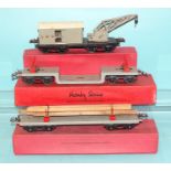 Hornby O gauge, three 1934-40 boxed wagons: LMS Breakdown Van & Crane, trolley wagon and No.2 lumber