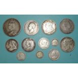 A George III 1818 half-crown, George IV 1826 half-crown, Victoria 1889 crown, 1881 and 1900 half-