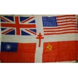 A WWII Joint-Allied Forces printed linen flag with American, British, Chinese and Russian flags