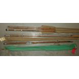 A Sharpes of Aberdeen three-piece split-cane 13' 9'' spliced fly rod, a Sharpes Aberdeen two-piece