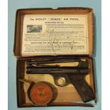 A "Webley Senior" .177 air pistol no.657, in box with vintage ICI "Wasp" pellet tin, cocks and