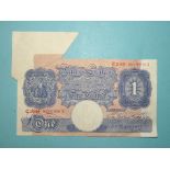 Error, Bank of England Series 'A' Britannia £1 blue and pink Peppiatt note, folds with extra