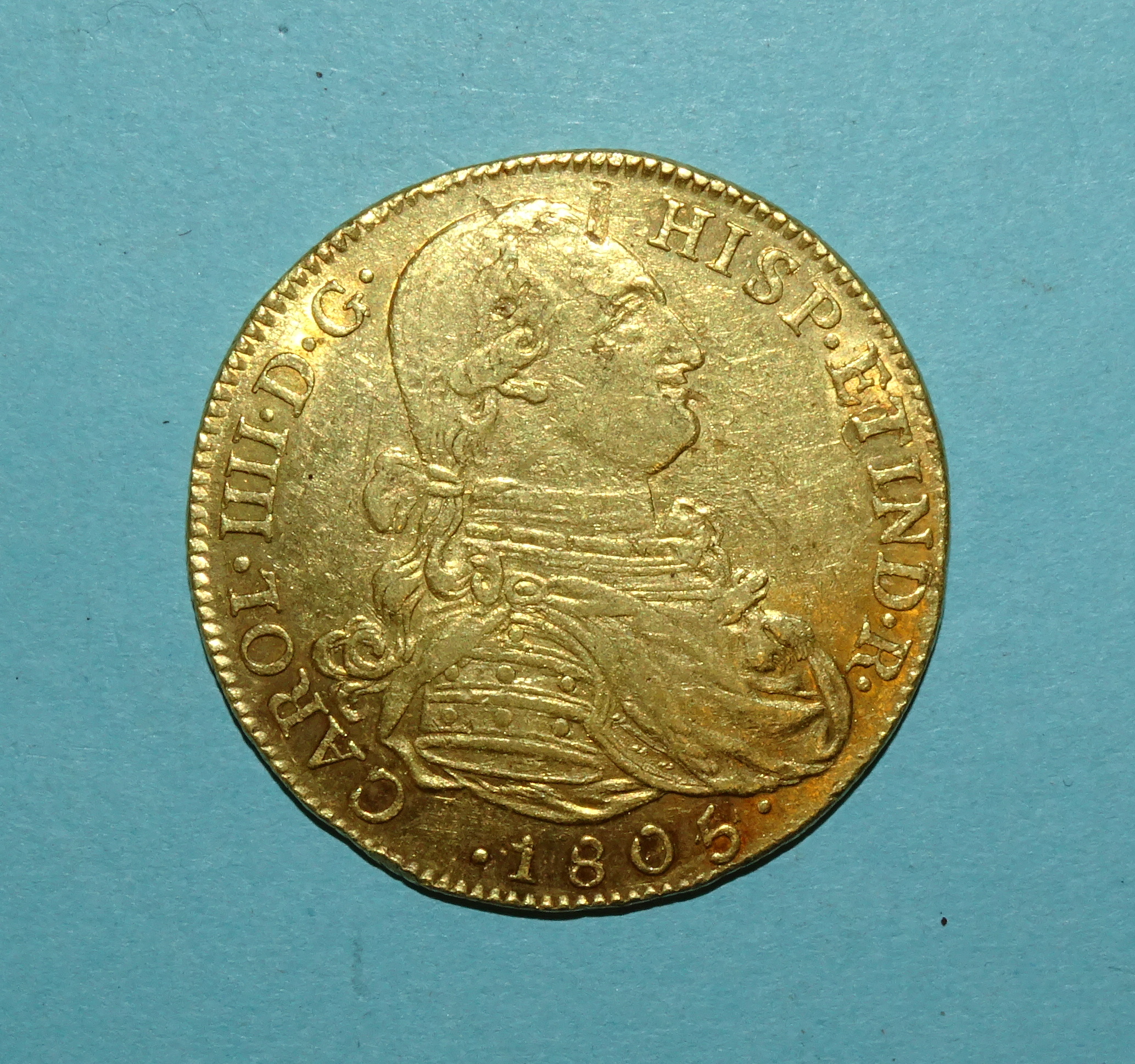 Columbia Charles IV gold 8-escudos 1805, Bogota Mint, 36mm diameter, 27g.