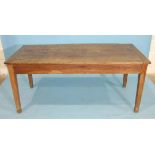 A 19th century French chestnut farmhouse table, the three-planked top above two end drawers, on