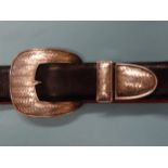 A Pat Areias silver-mounted leather belt with chevron-patterned silver buckle, belt loop and