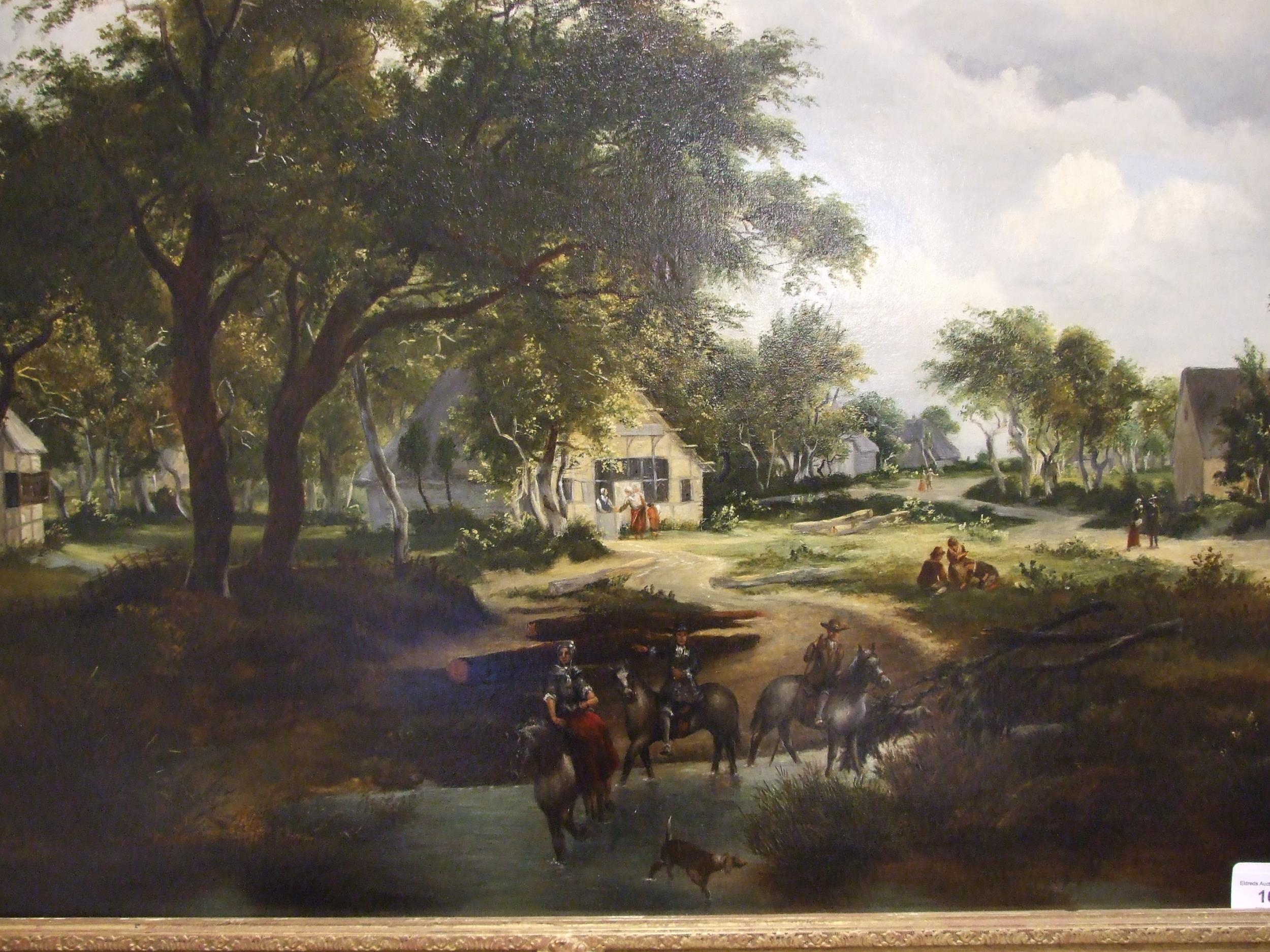 19th century Dutch School RURAL LANDSCAPE WITH FIGURES AND VILLAGE BEYOND Oil on canvas, 80 x 105cm.