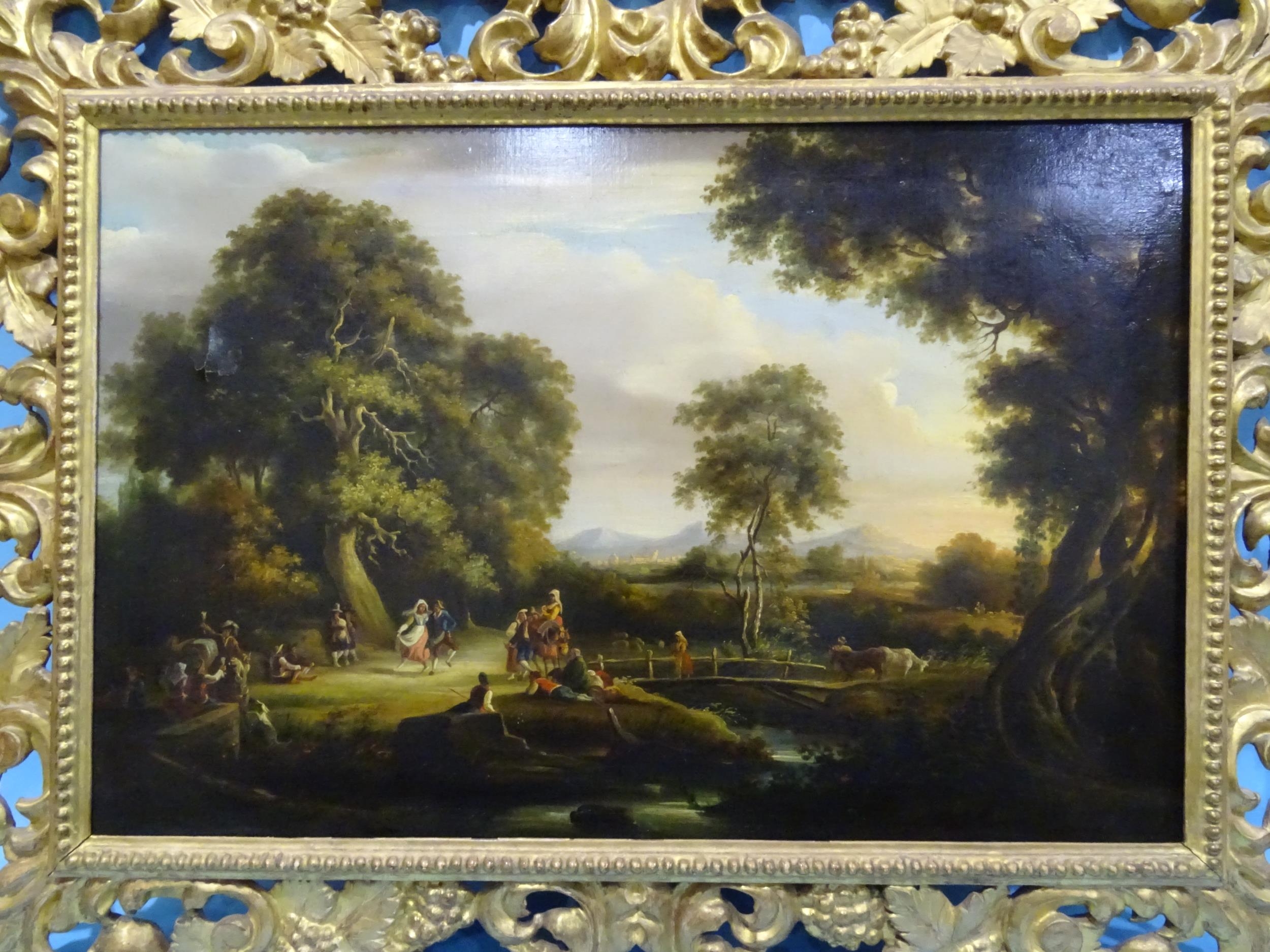 18th century Italian School FIGURES CELEBRATING IN A RURAL LANDSCAPE WITH PISA IN THE BACKGROUND - Image 2 of 2