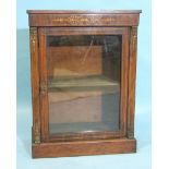 A miniature inlaid walnut dwarf display cabinet fitted with a single glazed door, on plinth base,