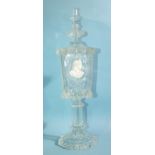 A 19th/20th century etched and cut-glass pedestal vase and cover, the finialled lid above a