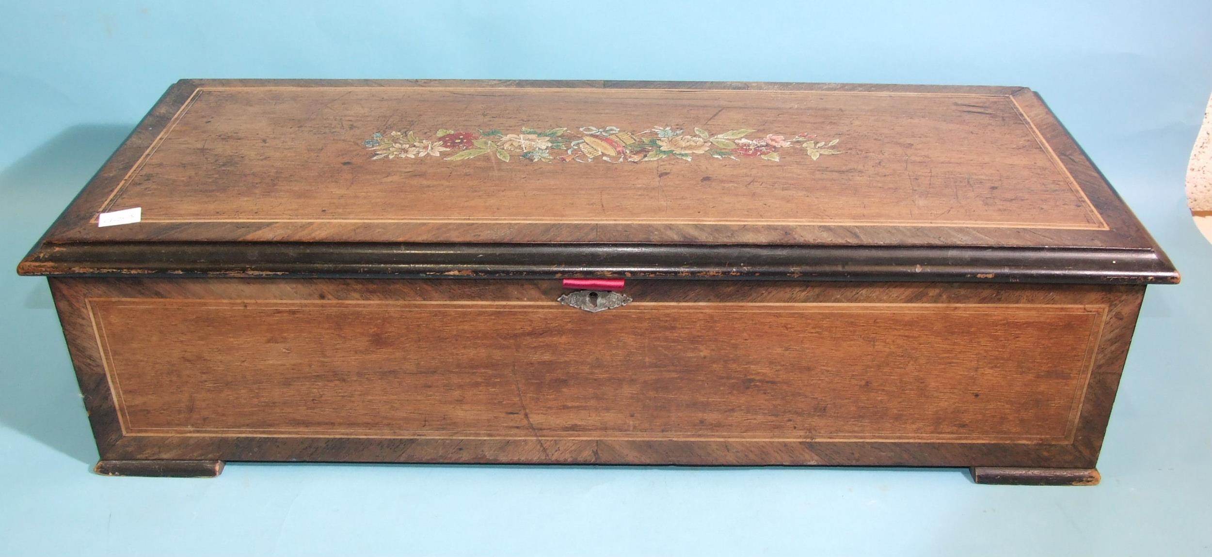 A 19th century Swiss rosewood musical box playing twelve airs, the comb with four teeth missing, - Image 2 of 2