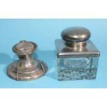 A silver-topped glass inkwell of square form, (no stopper), Birmingham 1902 and a capstan silver