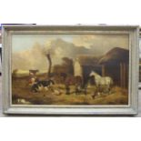 James T Wheeler (1849-1888) FARMYARD WITH CATTLE, HORSES, DONKEY, GOAT AND BANTAMS Signed oil on