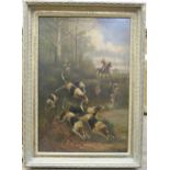 Late-19th/early-20th century HUNTSMAN AND PACK OF HOUNDS IN FULL CRY Unsigned oil on canvas, 89 x