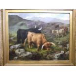 E R Breach (fl. 1868-1886) HIGHLAND CATTLE GRAZING BY A MOORLAND STREAM Signed oil on canvas,