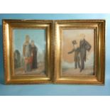 19th century Continental School TWO FEMALE FIGURES WITH A TOWN BEHIND Unsigned watercolour, 32 x