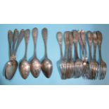 A set of six white metal table forks stamped R Smith and a set of six white metal tablespoons and