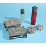 Two silver-topped salts bottles, two silver matchbox holders (a/f) and other items.