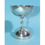 A white metal double-ended communion wine cup, each bowl connected to a knopped stem, the cups 6cm