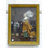 A 20th century framed collage of textiles, feathers and gauze depicting a woman standing beside a