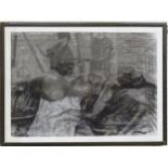 20th Century, Female Nude Posing for two Artists Standing at their Easels, unsigned charcoal