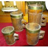 A set of four Victorian wooden measures with brass mounts, Quart, Pint, ½-Pint, Gill, 19.5cm, 14.
