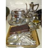 A collection of plated ware, comprising: five entrée dishes and covers, a cocktail shaker, teapot,