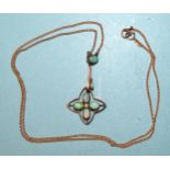 An Edwardian opal and pearl pendant of quatrefoil form, marked 9ct, on 15ct gold curb-link chain, (