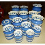 Fourteen T G Green blue and white "Cornishware" storage jars including: Rice, Peas, Breadcrumbs, and