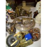 Various plated ware, copper powder flask and other metal ware.