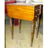 A 19th century mahogany work table having two drop leaves and two end drawers, on turned legs, 51.