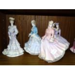 A collection of six Coalport figurines, 'Louisa at Ascot', 'The Skater', 'A Seaside Stroll', 'Autumn