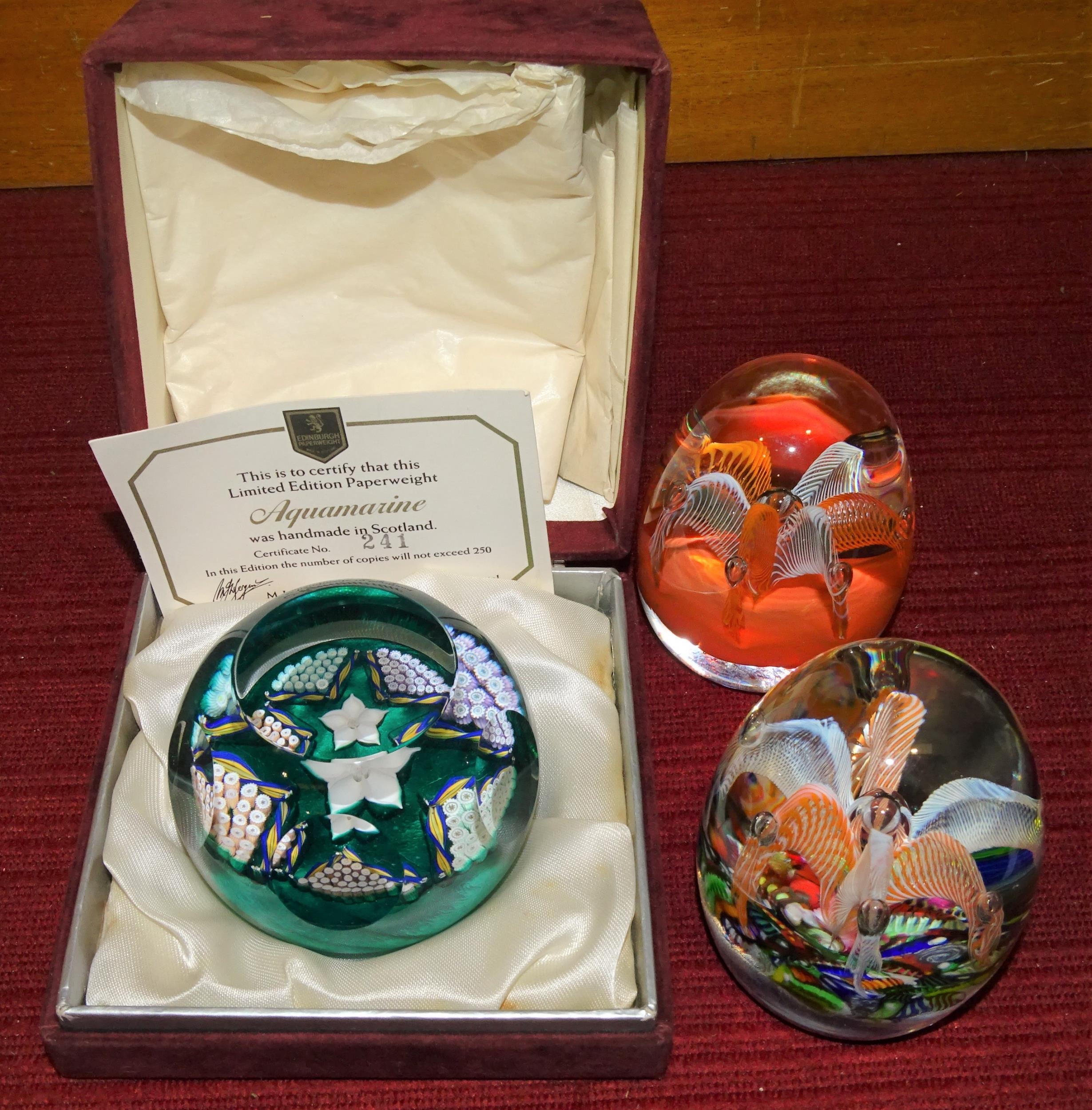 An Edinburgh limited-edition glass faceted millefiori paperweight with central flower '