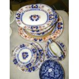 A collection of Newstone dinner ware in Imari colours, a meat dish, 41cm, eight dinner plates, 27cm,