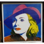After Andy Warhol, 'Ingrid Bergman wearing a hat', advertising poster, (glass damaged), 95 x 95cm.