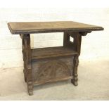 A Continental oak monk's bench, the rectangular top of jointed parquetry with cut metal border,