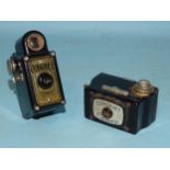 A Coronet Midget black Bakelite camera and a Coronet Cameo black Bakelite camera, (no chips to