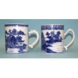 Chinese 18th century, two similar blue and white Nankin tankards decorated with landscape scenes,