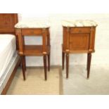 Two marble-top burr walnut cross-banded bedside cupboards, each supported on new turned legs, (