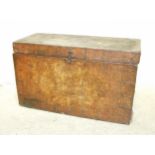 An antique Thai hessian-covered wood box with painted decoration to the front and sides, the lid and